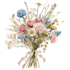Watercolor Pastel Wildflower Bouquet with Ribbon,spring blossom,illustration isolated on Transparent background