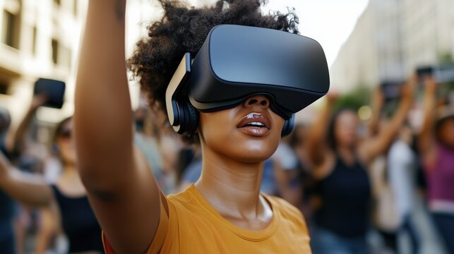 Virtual reality protest activists rally for change in urban setting