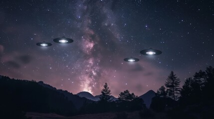 A clear night sky filled with gliding ufos sparking wonder and curiosity about the universe