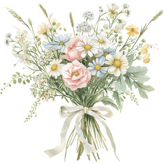 Watercolor Pastel Wildflower Bouquet with Ribbon,spring blossom,illustration isolated on Transparent background