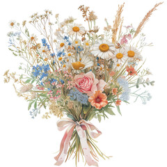 Watercolor Pastel Wildflower Bouquet with Ribbon,spring blossom,illustration isolated on Transparent background