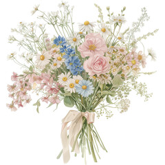 Watercolor Pastel Wildflower Bouquet with Ribbon,spring blossom,illustration isolated, Transparent background