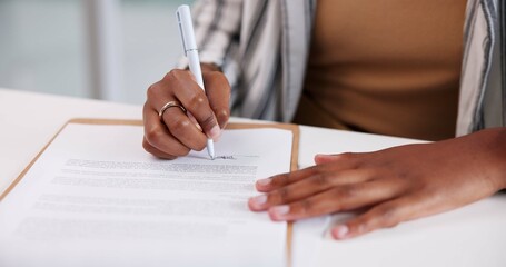 Hands, paper and pen for signature with business person closeup in office for agreement or...