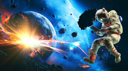 Naklejka premium Futuristic Astronaut Exploring Alien Planet in High-Tech Suit