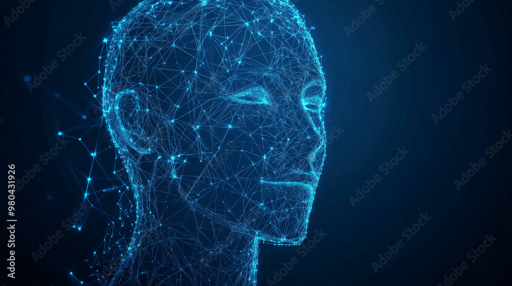 Poster face recognition system concept featuring a low polygon human face scan on a blue template backgroun