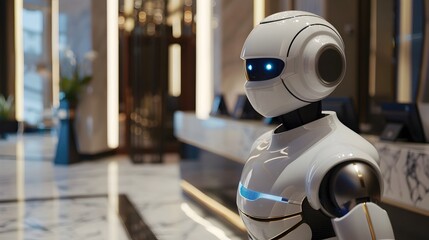 Fototapeta premium Robotic Concierge Providing Personalized Assistance in Luxury Hotel Lobby