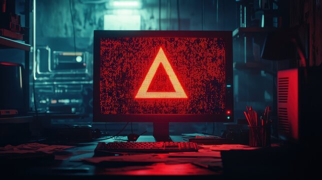 Computer screen displaying red triangle warning symbol in dark office