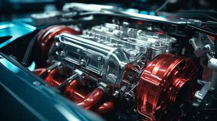 Fototapeta premium Close-up of a high-performance car engine with shiny metal components and red accents.
