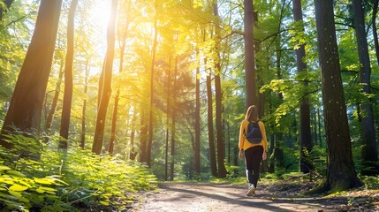 Obraz premium Serene Forest Trail with Person Practicing Mindful Walking in Natural Sunlit Landscape