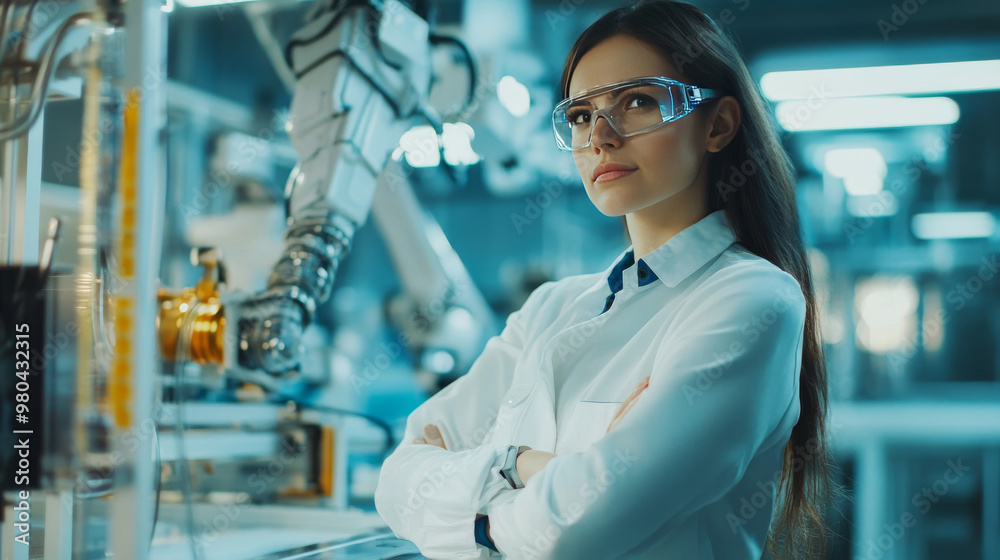 Poster female industrial engineer operating automation robot arms in a smart factory. utilizing real-time m