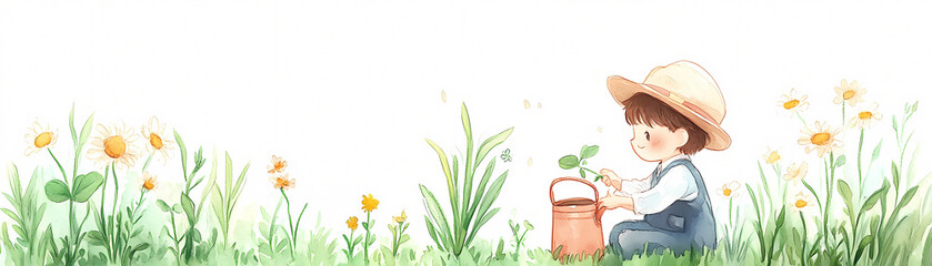 A child is sitting in a field of flowers and holding a watering can. The scene is peaceful and serene, with the child enjoying the beauty of nature
