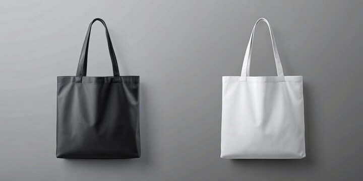 Isolated white and black tote bags with empty space for design, mockup, or branding, placed on a clean grey background, perfect for e-commerce and advertising.