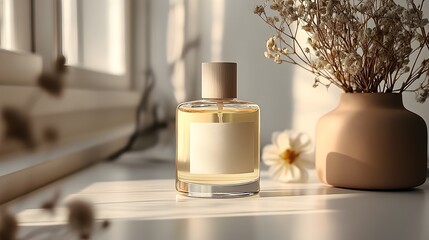Elegant Perfume Bottle and Floral Arrangement in Cozy Home Interior