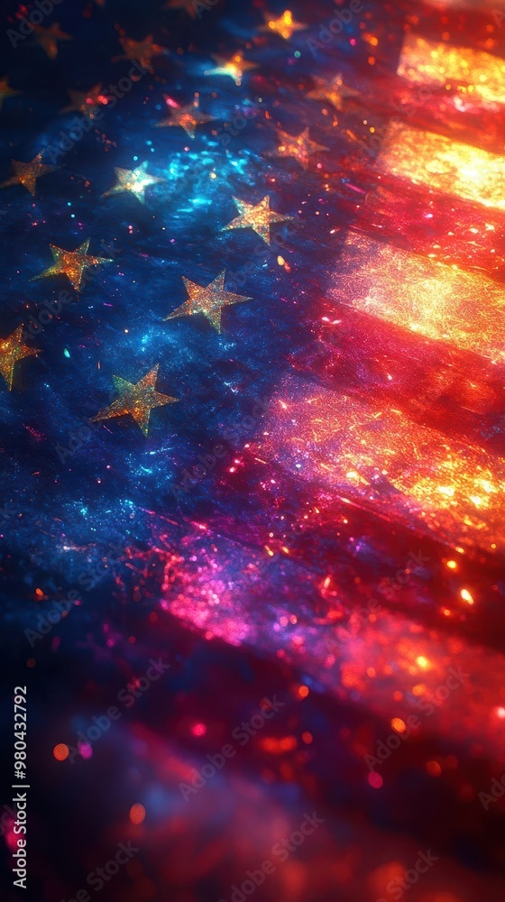 Wall mural reimagined american flag with abstract geometric patterns vibrant neon colors swirling through stars