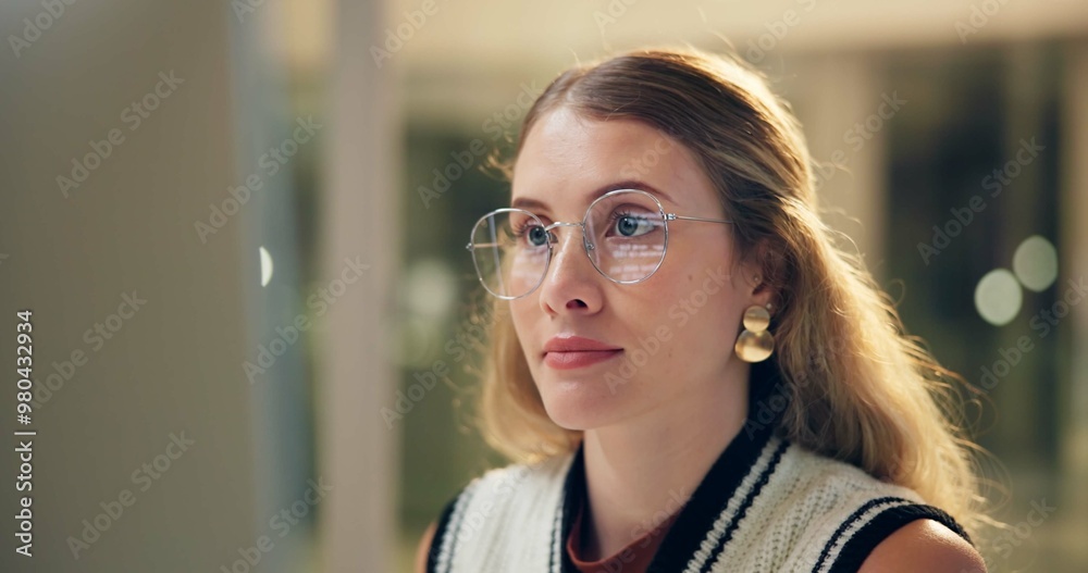 Aufkleber Night, woman and glasses in office for business, coding and problem solving for deadline. Programmer, late and reading on computer for information, company web development and engineering in overtime