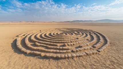 A labyrinth crafted from shifting sand dunes, symbolizing the elusive journey of enlightenment, surrounded by windswept desert landscape