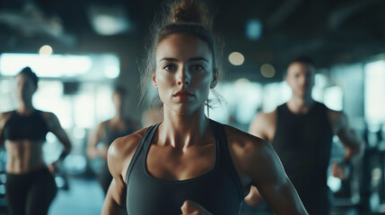 Fototapeta premium A group of people working out at a gym, lifting weights, running on treadmills, and practicing yoga, with a focus on motivation and health