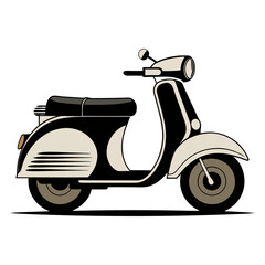 Hand-drawn illustration of a cute vintage scooter in a classic flat style, depicted from a side view. The scooter is a cool color and resembles a Vespa.