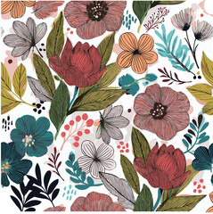 floral seamless pattern with drawing watercolor abstract flowers and plant