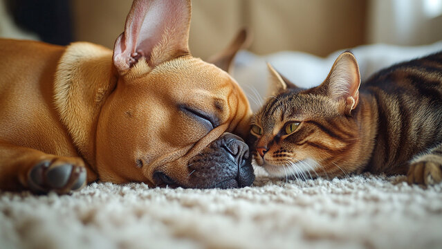 French Bulldog and Abyssinian cat joyfully reuniting on  soft rug, with  warm