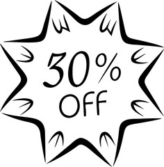A black and white sticker with a white background that says 30% off