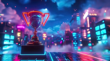 Golden Trophy Standing on a Platform with Neon Lights