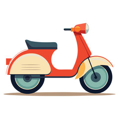 Hand-drawn illustration of a cute vintage scooter in a classic flat style, depicted from a side view. The scooter is a cool color and resembles a Vespa.