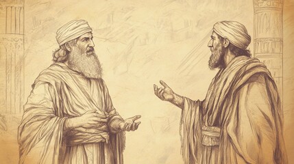 Fototapeta premium Prophet Rebukes Amaziah in the Palace in 2 Chronicles, Confronting Him for Turning to the Idols of Edom, Biblical Illustration for Faith-Based Reflection, Beige Background