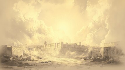 The Unscathed City: Jerusalem&rsquo;s Resilience and God&rsquo;s Protection After Sennacherib&rsquo;s Defeat, Symbolized by a Bright Sky, Biblical Illustration, Beige Background