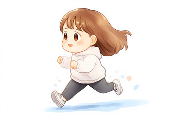 Cartoon girl is running with her arms outstretched. She is wearing a white hoodie and black pants