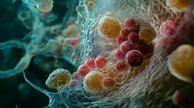 Close-up of a microscope slide featuring cells and tissues affected by illness, with dramatic, directional lighting highlighting abnormalities, hyper-realistic style emphasizing intricate textures