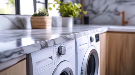 Modern Laundry Room Interior with White Appliances and Marble Countertops