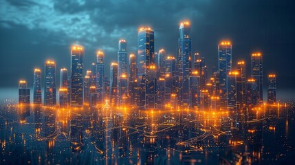 A cityscape with tall skyscrapers glowing with warm lights and reflecting in a dark blue water below. AI generative. .