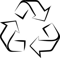 A black and white drawing of a recycling symbol