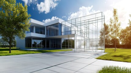 Modern House Design with Blueprint Overlay