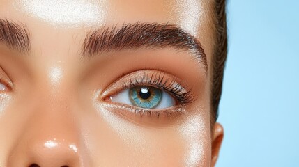 Close-up of a stunning eye showcasing vibrant blue iris and perfectly groomed brows against a soft blue background.
