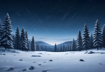 A snowy winter landscape with a forest of pine trees covered in snow under a starry night sky. The foreground is a vast expanse of snow-covered ground.