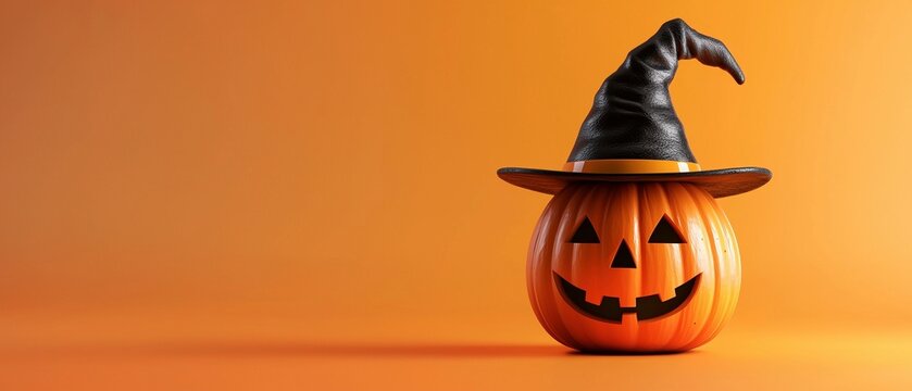 Ein geschnitzter Halloween K&uuml;rbis mit Hexenhut vor orangenem Hintergrund 