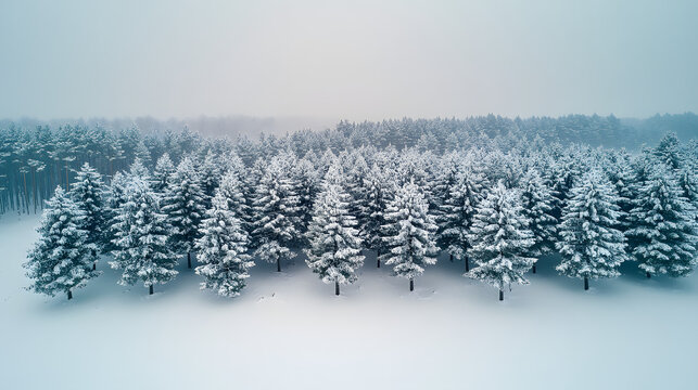 Drone photo of snow covered evergreen trees after a winter blizzard in Lithuania