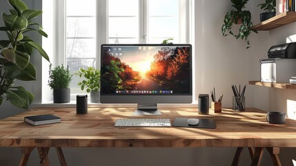 A wooden desk with a computer, plants, and a notebook. AI generative. .