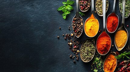 A colorful array of spices and herbs. Colorful spices, nuts, seeds, dried fruits, and herbal flowers. Seasoning spices background. Culinary traditions. Spices for cooking. Healthy food. Copy space 