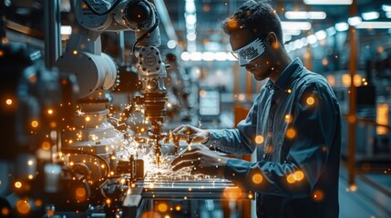 Fototapeta premium A man in a blue shirt and futuristic glasses works with a robotic arm that creates sparks. AI generative. .