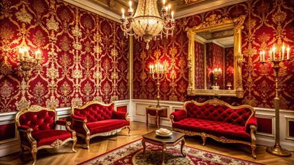 Rich velvety red damask wallpaper with intricate golden accents creates a sophisticated and opulent atmosphere in this lavish interior design setting.