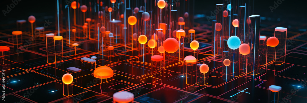 Poster futuristic distributed network system depicting nodes and connections in 3d visualization