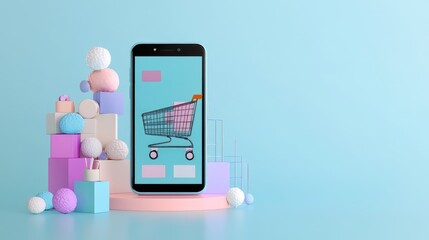 Floating smartphone with an e-commerce app displayed on screen, over a soft pastel blue background. 3D design. No logo, no people.