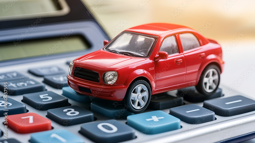 Wall mural red toy car on calculator auto tax and financing insurance and loans concept of savings money on veh