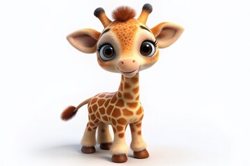 Obraz premium Adorable 3D cartoon giraffe with soft fur and big curious eyes standing on a clean white background, looking friendly and playful.
