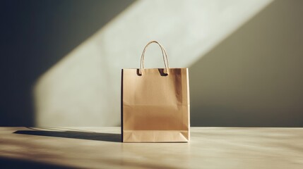 Minimalist paper shopping bag on a simple background, showing subtle lighting and shadows. No logo, no people.