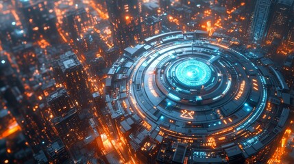 Fototapeta premium Futuristic drone docking station, circular platform with advanced technology, set in a bustling city filled with vibrant lights and high-rise buildings