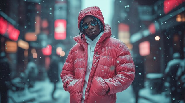  Stylish african american man in a red puffer jacket and sunglasses walking confidently through a snowy urban street at night